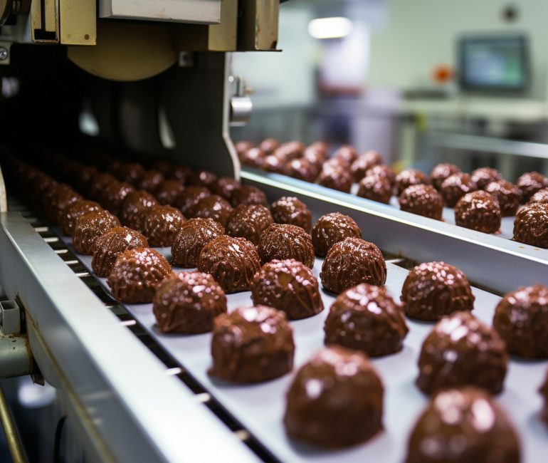 Chocolate candies undergo processing on a conveyor in the confec